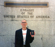 tony in front of us embassy - note moscow t-shirt